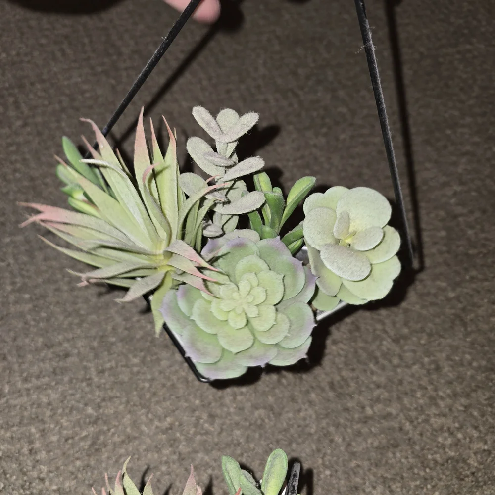 Geometric Hanging Planter — Galvanized Metal with Green Faux Succulents